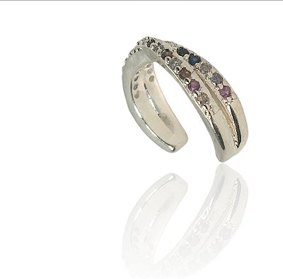 Brinco argola dupla cruzada cravejado colorido piercing fake banhado prata -1pç