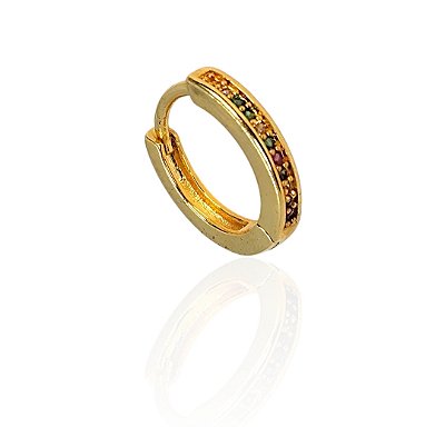 Brinco argola cravejado colorido 14mm banhado ouro