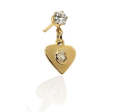 Brinco pendulo ponto de luz e coração com zircônia central banhado ouro