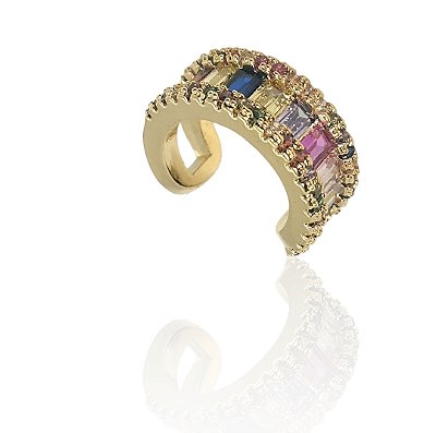 Brinco argola larga com zircônias coloridas piercing fake banhado ouro