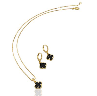 Conjunto trevos onix choker 45cm+brinco banhado ouro