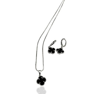 Conjunto trevos onix choker 45cm+brinco  banhado prata