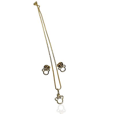 Conjunto Infantil minnie perfil gargantilha 35cm+brinco banhado ouro