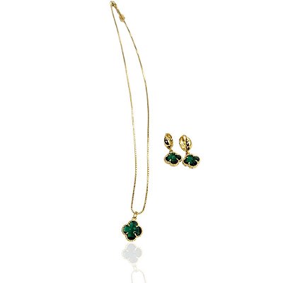 Conjunto trevos esmeralda gargantilha 45+5cm+brinco banhado ouro
