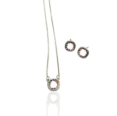 Conjunto círculo colorido choker 39+5cm+brinco banhado prata