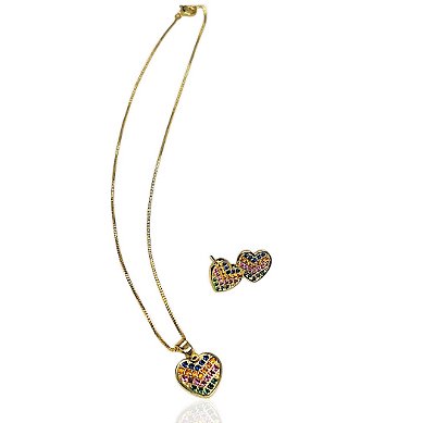 Conjunto infantil corações coloridos choker 35cm+brinco banhado ouro