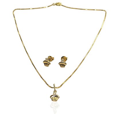 Conjunto infantil mini cupcake choker 35cm+banheiro banhado ouro