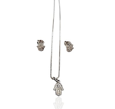 Conjunto mãos de fátima choker 39+5cm+brinco banhado prata