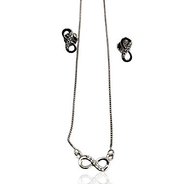Conjunto infinito cravejado gargantilha 47cm+brinco banhado prata