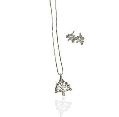 Conjunto árvore da vida cravejada gargantilha 44cm+brinco banhado prata