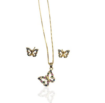 Conjunto borboletas coloridas gargantilha 45cm+brinco banhado ouro
