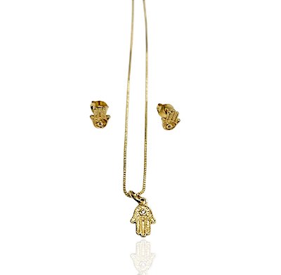 Conjunto mão de fátima choker 39+5cm+brinco banhado ouro
