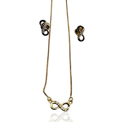 Conjunto infinito cravejado gargantilha 47cm+brinco pontos de luz banhado ouro