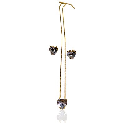 Conjunto coração zircônia colorida choker 39+5cm+brinco banhado ouro