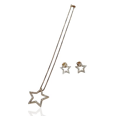 Conjunto estrelas cravejadas gargantilha 45cm+brinco banhado ouro