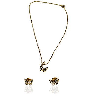 Conjunto infantil borboletas com ródio choker 35cm+brinco banhado ouro
