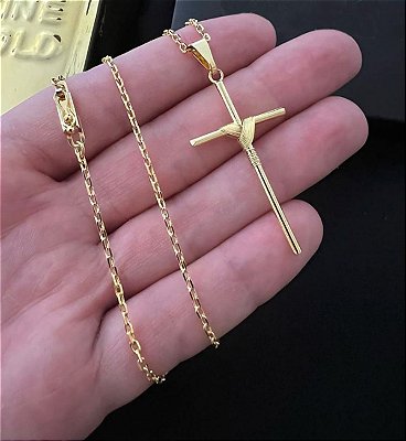 Corrente Masculina Cartier/Cadeado + Pulseira + Pingente Crucifixo Palito 2,5mm