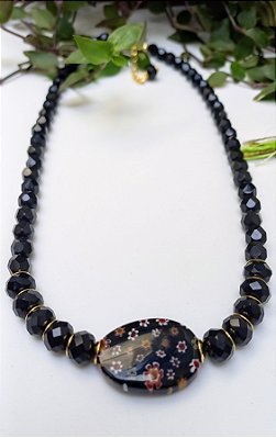 Colar Curto Preto Murano Floral.