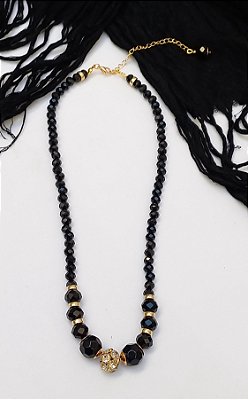 Colar Curto Preto Esfera Strass.