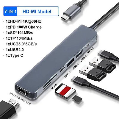 ADAPTADOR 7 EM 1 TIPO-C, HDTV, SD,TF, USB2.0, USB3.0 E PD
