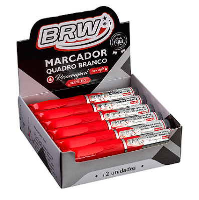 MARCADOR QUADRO BRANCO RECARREGAVEL COM CARTUCHO VERMELHO CA6023 - LINHA PRIME - CAIXA C/12 UN - BRW