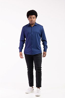 Camisa Social Masculina Bambu Slim Fit Azul Marinho Premium PATALOO