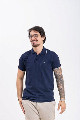 Camisa Polo Masculina Algodão Elastano Texturizada Azul Marinho PATALOO