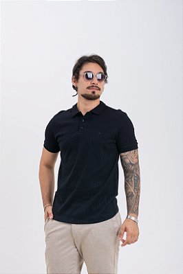Camisa Polo Masculina Algodão Texturizada Canelada Preta PATALOO
