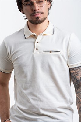 Camisa Polo Masculina Algodão Elastano Creme Bolso PATALOO