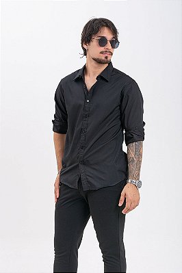 Camisa Social Masculina Microfibra Slim Manga Longa Preta PATALOO