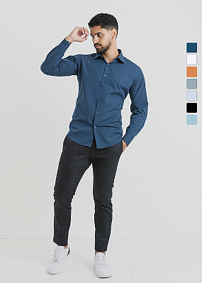 Camisa Social Masculina Slim Algodão Com Poliéster Manga Longa PATALOO