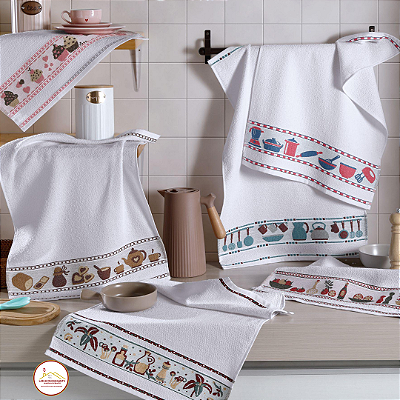 Kit 5 Pçs Pano de Copa para Cozinha Felpudo com Barrado Estampado Sortido 100% Algodão 300g/m²