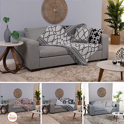 Kit 5 Pçs Manta Xale para Sofá e Almofadas Cheias Grécia Jacquard - 01 Xale 1 ,35mx1,35m com Franja 02 Capas de Almofadas 02 Almofadas- Dupla Face