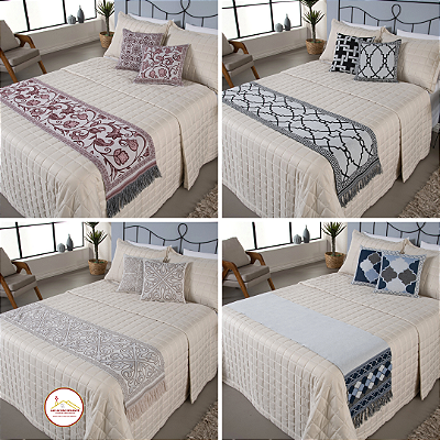 Kit 5 Pçs Peseira Cama Casal King e Almofadas Cheias Grécia Jacquard Dupla Face -  01 Peseira +  Refies de Almofadas + 02 Capas de Almofadas
