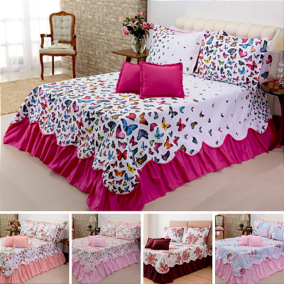 Kit 5 Peças Cobre leito Colcha Casal Queen Tecido Matelassado com Babado