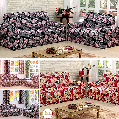 Capa Protetora de Sofá Padrão 2 e 3 Lugares Kit C/02 Pçs Adere Estampado Face Única Malha Gel  Floral