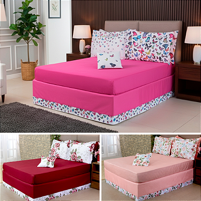 Jogo de Lençol 5 Pçs Simples com Elástico Queen Size com Saia Box e Capa de Almofada -Microfibra 100% Poliéster - Para Colchão Altura de 30 CM