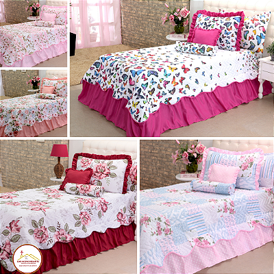 Cobreleito Colcha Solteiro Babados Decorativos Com 04 Peças  Com Porta Travesseiro e Capas de Almofada
