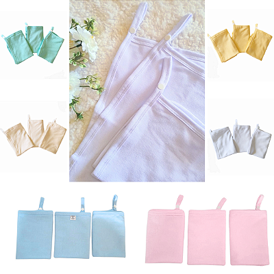 Kit 3  Fralda Pano de Boca Babete Bebê Malha Liso com Viés e Prendedor de Chupeta 30x30cm 100% Algodão