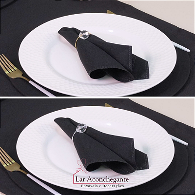 Kit  Mesa Posta Completo P/ 02 Pessoas com 07 Pçs  (Caminho,Capa Sousplat,Base,Guardanapo,Anel) Basic Anel Cristalino - Cor  Preto