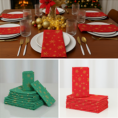 Kit 10 Pçs Guardanapos Natalino Tecido Oxford 42x42cm Estampa Flocos de Neve Dourado