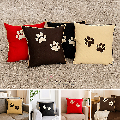 Almofada Decorativa Cheia Capa e Refil Impermeável Matelado Bordado 2 Patinhas para Pet