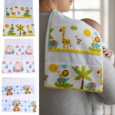 Fralda de Ombro Bebê + Babete Tecido Quadriculado 100% Algodão Barrado Estampa Digital