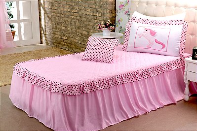 Kit 3 Pçs Cobre Leito Colcha Solteiro Infantil e Juvenil Unicórnio com Babados