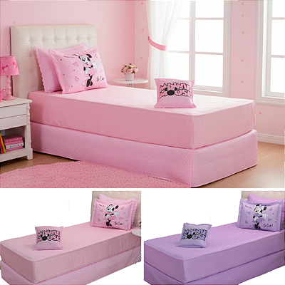 Jogo de Lençol Solteiro Infantil Juvenil 3 Pçs Simples com Elástico Estampa Digital Minnie Mouse