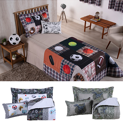 Kit Edredom Solteiro Infantil e Juvenil 4 Pçs Menino 300 fios Estampa Digital 2,50x1,90m