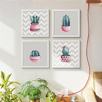 Kit 4 Quadros Cactos Chevron