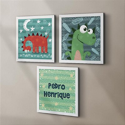 Kit Infantil 3 Quadros Dinos com Nome Personalizado