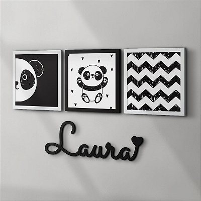 Kit Infantil 3 Quadros Panda + Nome Personalizado