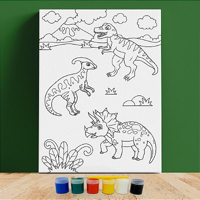 Kit Tela de Pintura Infantil Dinossauros com Guache e Pincel